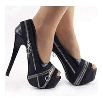 Women's Edgy Black Punk Rock Peep Toe Dress Pumps 10 / Black / PU Pumps Edgy Couture