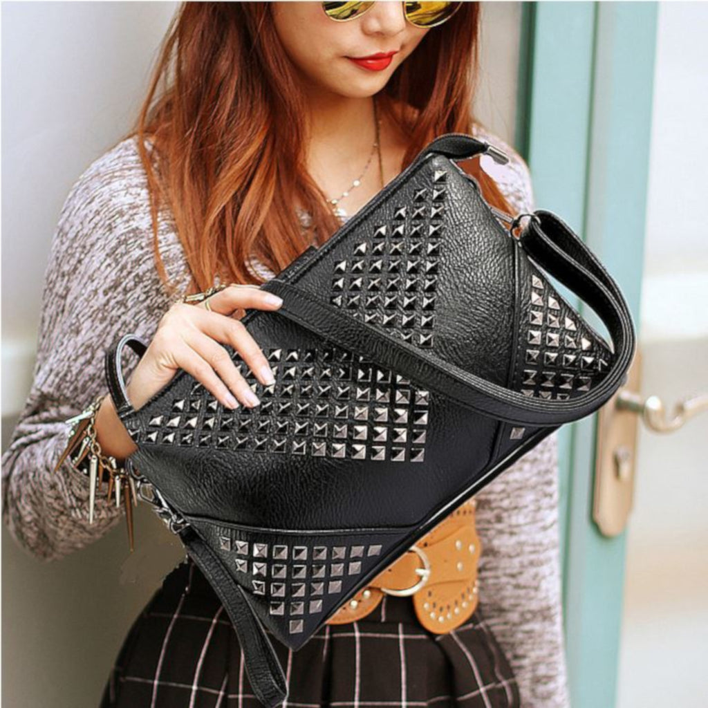 Women's Black Leather Studded CrossBody Zipper Clutch Handbag