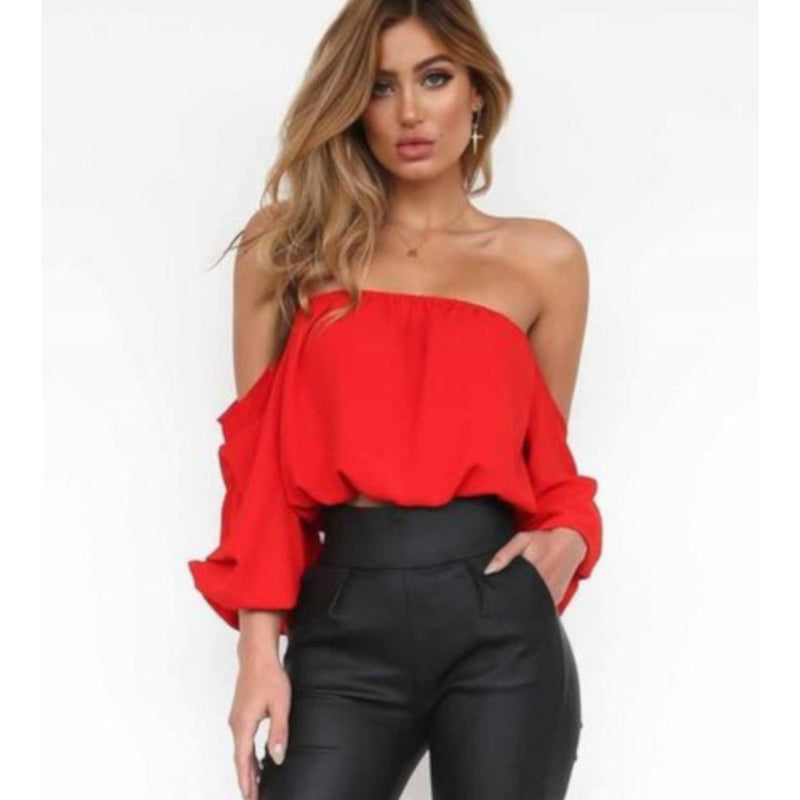 Trendy Red Off The Shoulder Flowy Summer Crop Top W/ Ruffles XXL / Red Crop Tops Edgy Couture