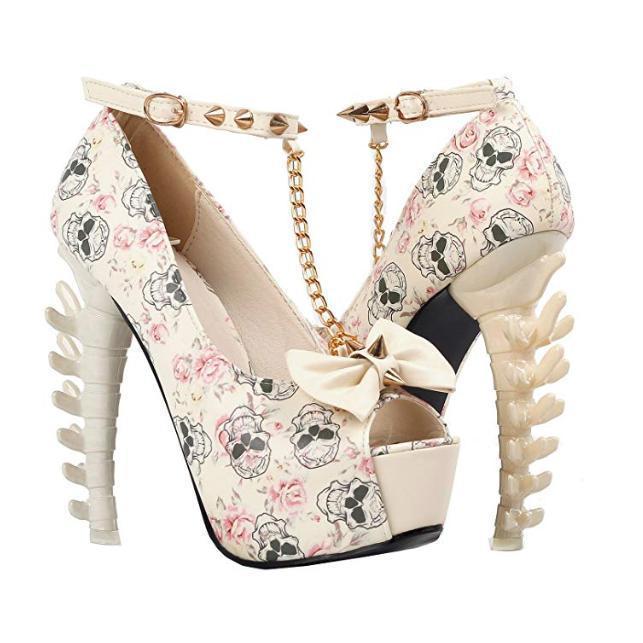 Women's White Skull &amp; Bones Ankle Leash Stilettos  Pumps Edgy Couture