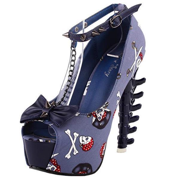 Women's Blue Skull &amp; Bones Ankle Leash Stilettos  Pumps Edgy Couture