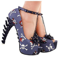 Women's Blue Skull &amp; Bones Ankle Leash Stilettos 10 / Blue / PU Pumps Edgy Couture