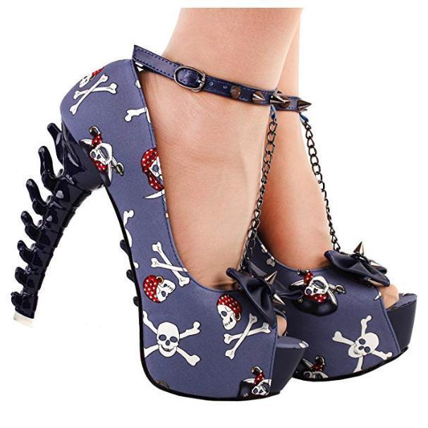 Women's Blue Skull &amp; Bones Ankle Leash Stilettos 10 / Blue / PU Pumps Edgy Couture