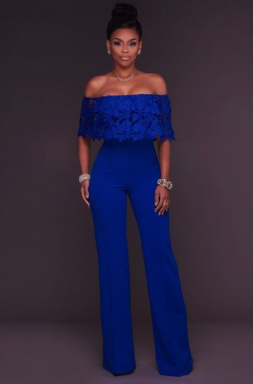 Women Blue Lace Ruffles Off Shoulder BusinessSuit Jumpsuit-Jumpsuit-Small-Blue-Edgy Couture