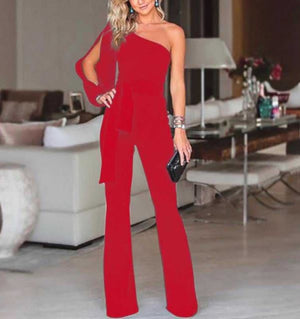 Women Red Wide Leg Hipster Business Suit Jumpsuit-Jumpsuit-Edgy Couture