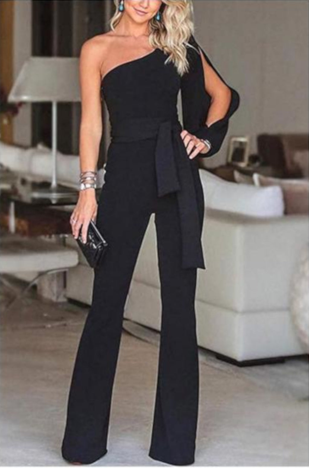 Women Black Wide Leg Off The Shoulder Business Suit Jumpsuit