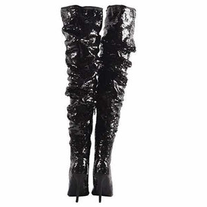 Women's Black Sequin Open Toe Thigh High Boots  Thigh High Boots Edgy Couture