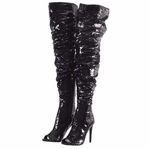 Women's Black Sequin Open Toe Thigh High Boots  Thigh High Boots Edgy Couture