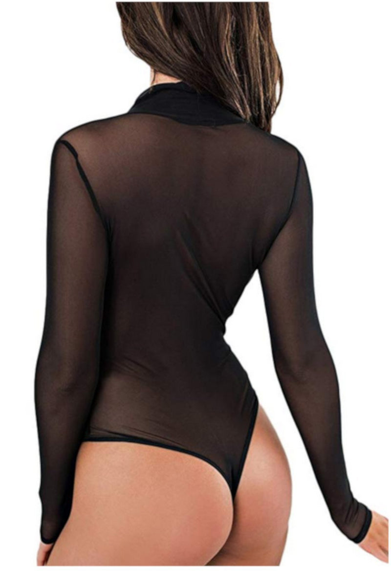 Womens Casual Long Sleeve Black Mesh Wrap Around Bodysuit-Bodysuits-Edgy Couture