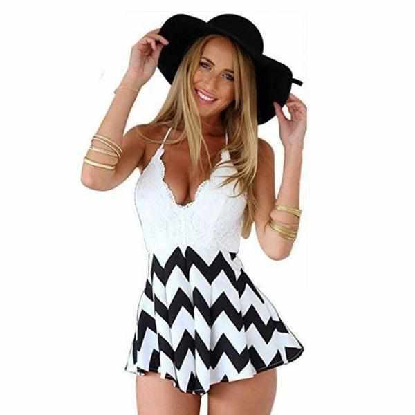 Women's Classic Black &amp; White Backless Summer High Waist V Neck Romper XXL / Black / Chiffon Rompers Edgy Couture