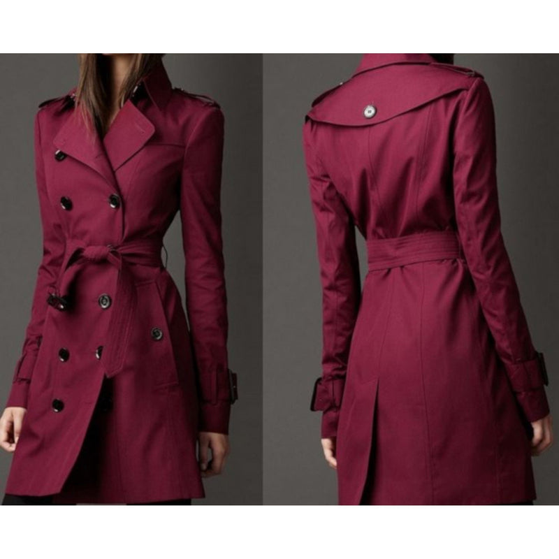 Women's Dark Red Double Breasted Lightweight Trench Coat Rain Jacket X-Large / Red Trench Coat Edgy Couture