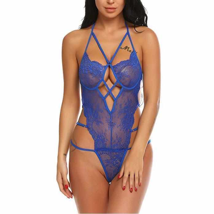 Women's Dominant Blue Backless Sheer Intimate Teddy Large / Blue / Lace Bodysuits Edgy Couture