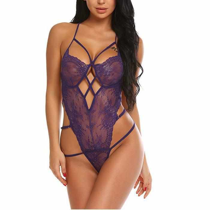 Women's Dominant Purple Backless Lace Teddy Lingerie Large / Purple / Lace Bodysuits Edgy Couture