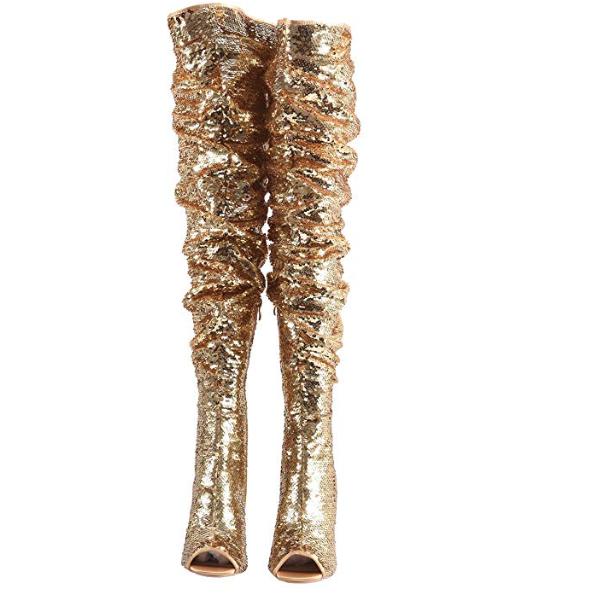 Women's Gold Sequin Open Toe Thigh High Boots 10 / Gold / Sequin Thigh High Boots Edgy Couture