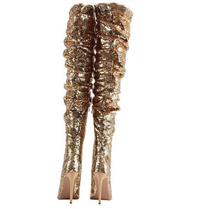 Women's Gold Sequin Open Toe Thigh High Boots  Thigh High Boots Edgy Couture