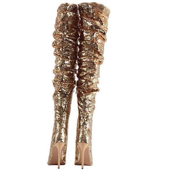 Women's Gold Sequin Open Toe Thigh High Boots  Thigh High Boots Edgy Couture