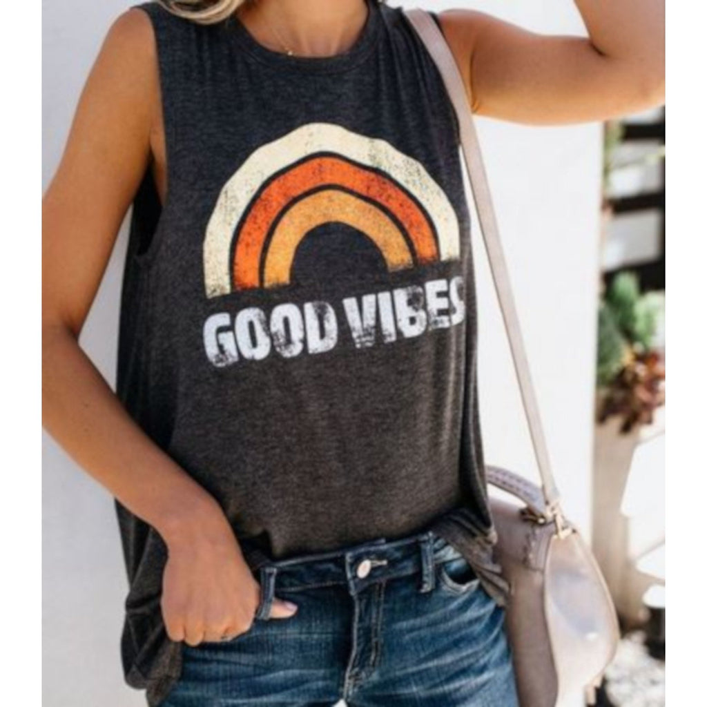 Women's Good Vibes Funny Motivational Graphic T-Shirt Tank XXL / Grey T-Shirts Edgy Couture