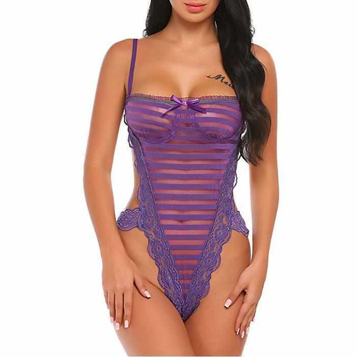 Women's Risque Purple Sweetheart Striped Teddy Lingerie  Bodysuit Edgy Couture