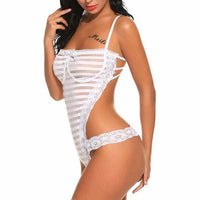 Women's Risque White Striped Teddy Lingerie  Bodysuit Edgy Couture