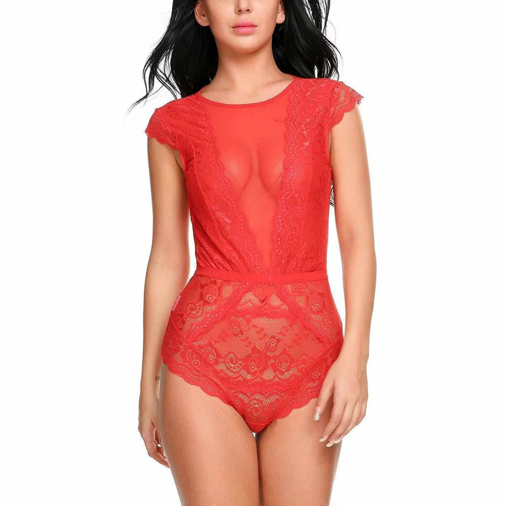 Women's Sensual Hot Red Mesh Lingerie Teddy XXL / Red Bodysuit Edgy Couture