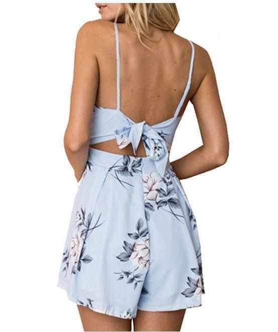 Women's Sexy Blue Floral Open Back Cut Out Sun Shorts Romper  Rompers Edgy Couture