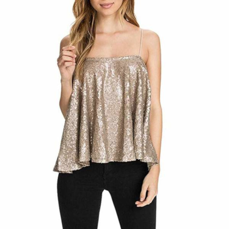 Women's Sexy Gold Sequin Spaghetti Strap Tank Top Camisole XXL / Gold Tank Tops Edgy Couture