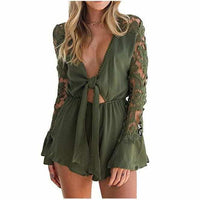 Women's Sexy Green V Neck Cut Out Long Sleeve Shorts Romper X-Large / Green / Rayon Rompers Edgy Couture