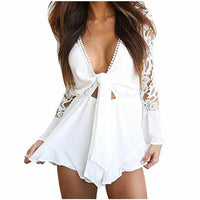 Women's Sexy White V Neck Cut Out Long Sleeve Shorts Romper X-Large / White / Rayon Rompers Edgy Couture