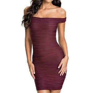 Women's Simple Burgundy Off Shoulder Bandage Dress Large / Burgundy / Polyester Bandage Dress Edgy Couture