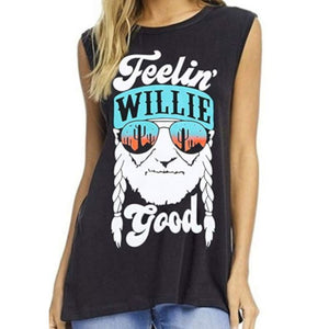 Womens Sleeveless Navy Blue Willie 420 Beach Graphic T-Shirt X-Large / Blue T-Shirts Edgy Couture