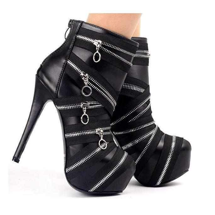 Midnight Black SteamPunk Mummy Bandage Platform Ankle Boot Stilettos 10 / Black / Leather Ankle Boots Edgy Couture