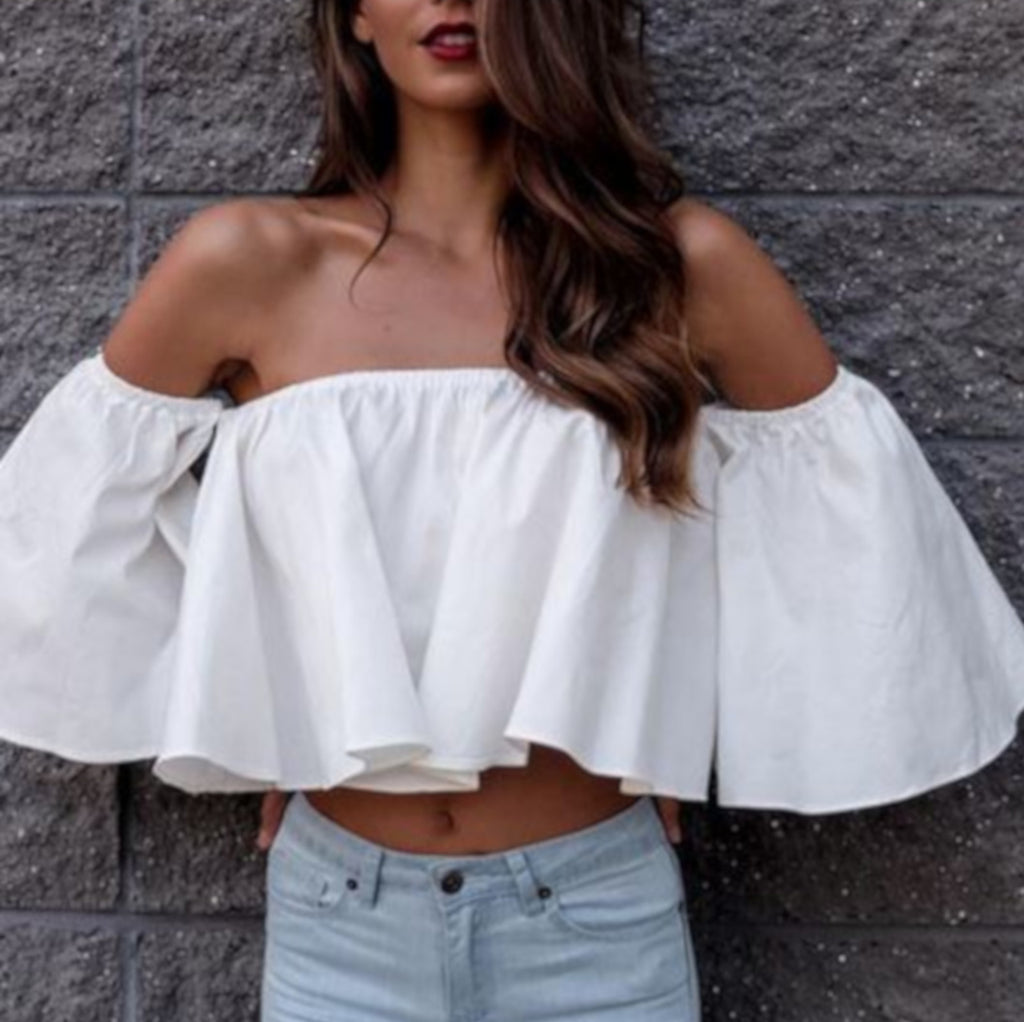 Trendy White Off The Shoulder Flowy Summer Crop Top W/ Ruffles