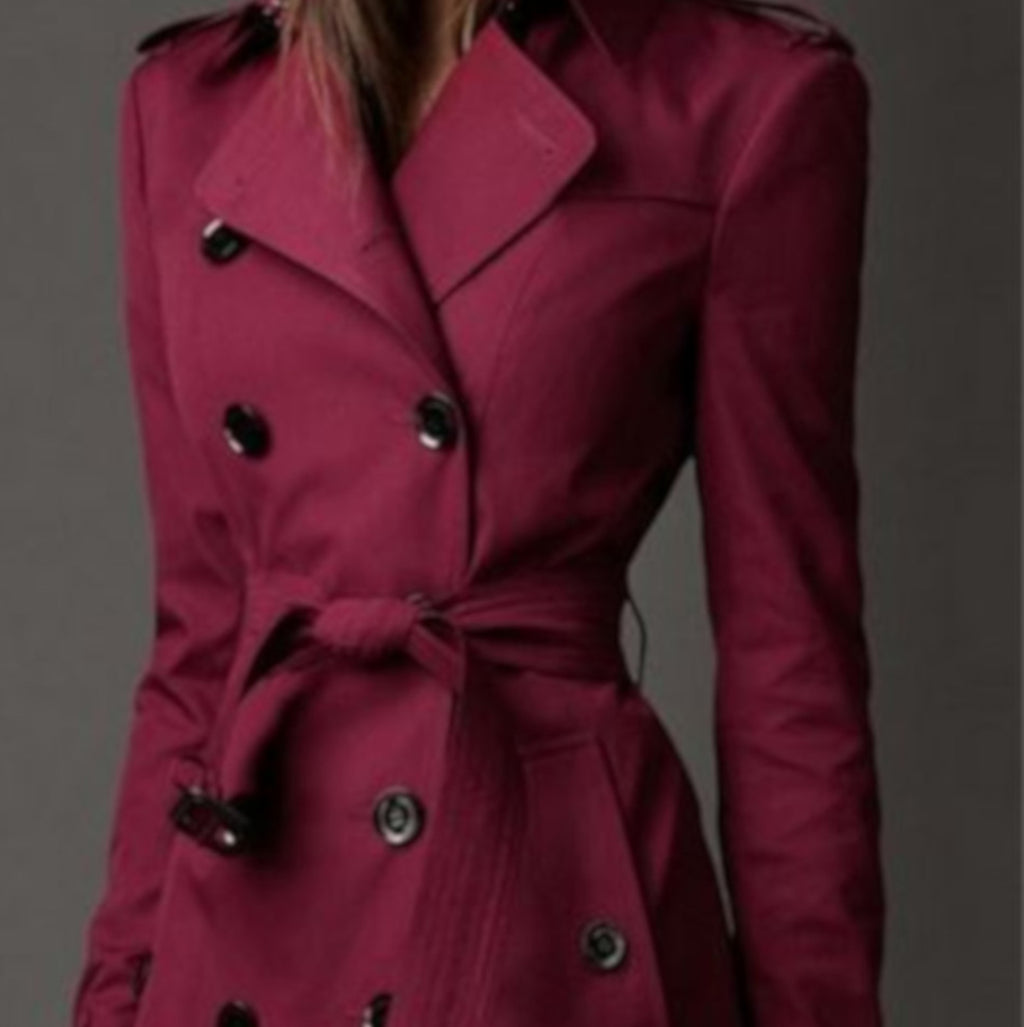 Women's Dark Red Double Breasted Lightweight Trench Coat Rain Jacket